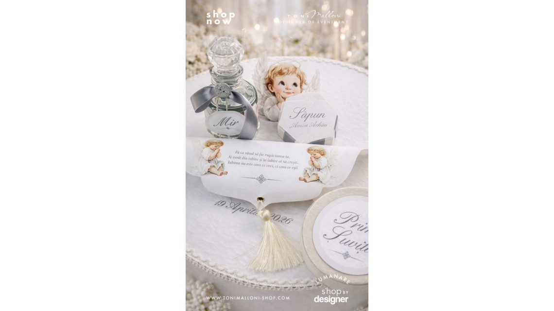 Trusou botez băiat Înger Alb elegant cu îngerași și aripi brodate 5